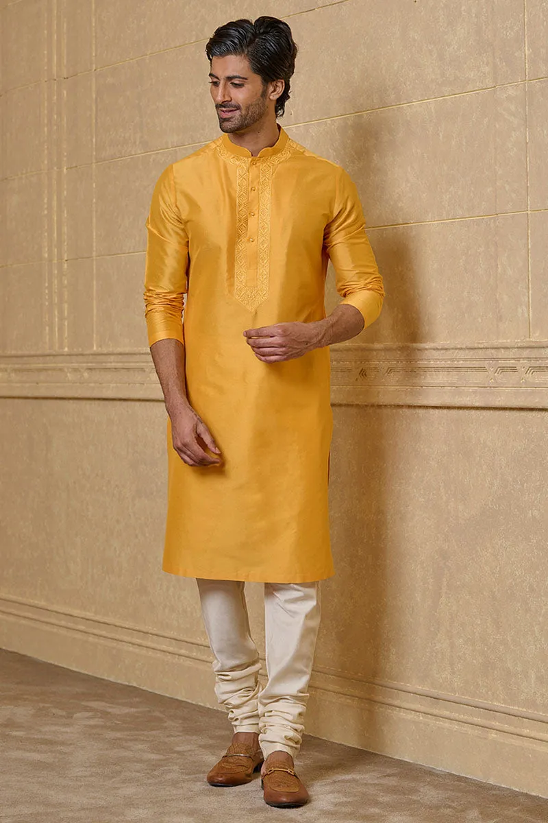 Yellow Ochre Kurta Set With Embroidered Packet